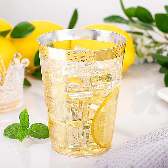 Ciaell 120PCS Gold Plastic Cups - 10Oz Heavy Duty Clear Plastic Cups with Gold Rim - Gold Rim Disposable Cups for Wedding, Birthday & Christmas