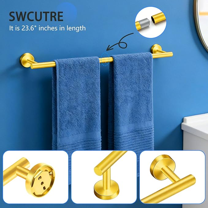 5-Piece Golden Bathroom Hardware Set - 5-in-1 Towel Rack Set, 23.6-inch SUS304 Stainless Steel Towel Bar and Toilet Paper Holder | Modern Bathroom Accessories (5, Golden)