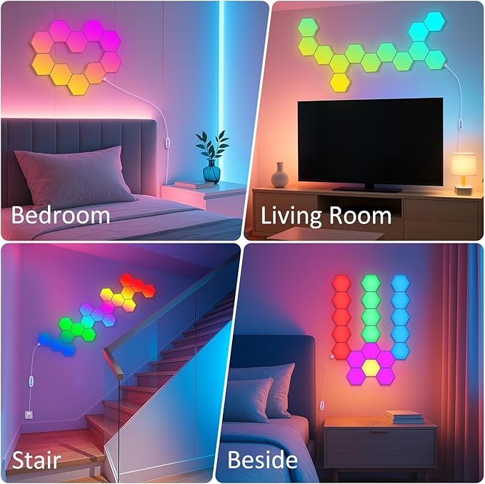 Hexagon LED Light Panels 8 Pack – Smart RGB Wall Lights with APP & Remote Control – Music Sync Modular Gaming Lights for Bedroom, Living Room, Wall Decor