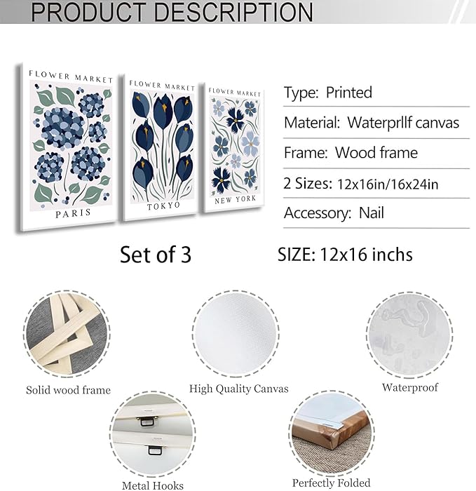 BingruiArt Flower Market Wall Art Navy Blue Canvas Boho Floral Wall Decor Modern Retro Botanical Posters Prints Pictures for Livingroom Batroom Bedroom Dorm Room 3Pcs 12"x16" Framed