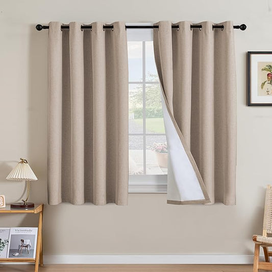 H.VERSAILTEX Linen Curtains 100% Blackout Curtains for Bedroom 54 inch Long Full Light Blocking Nature Linen Blended Window Curtains for Living Room Nickel Grommet (2 Panels, Heathered Sand)