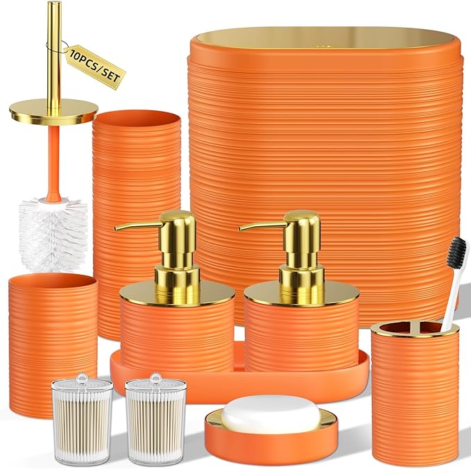 Bathroom Set, 10PC Bathroom Accessory Set, Orange Bathroom Accessories, Orange and Gold Bathroom Set with Trash Can, Soap Dispensers