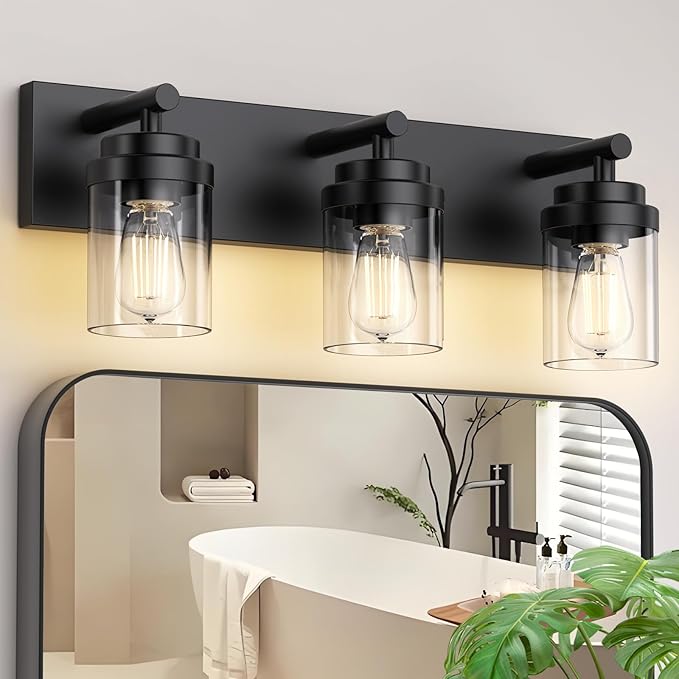 IZORRO Bathroom Vanity Light Fixture, 3-Light 22 Inch Matte Black Bathroom Light Fixtures Over Mirror, with Clear Glass Shade, Modern Farmhouse Vanity Lights, Rustic Restroom Lighting Fixtures