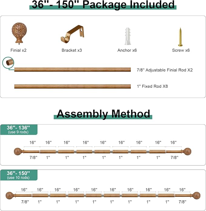 Boho Wood Curtain Rods for Windows 72 to 144 inch,1" Adjustable Heavy Duty Window Curtain Rod with Imitation Wood Grain Finials,Rustic Decorative Drapery Rods Set,Size:36-150'',Natural Wood