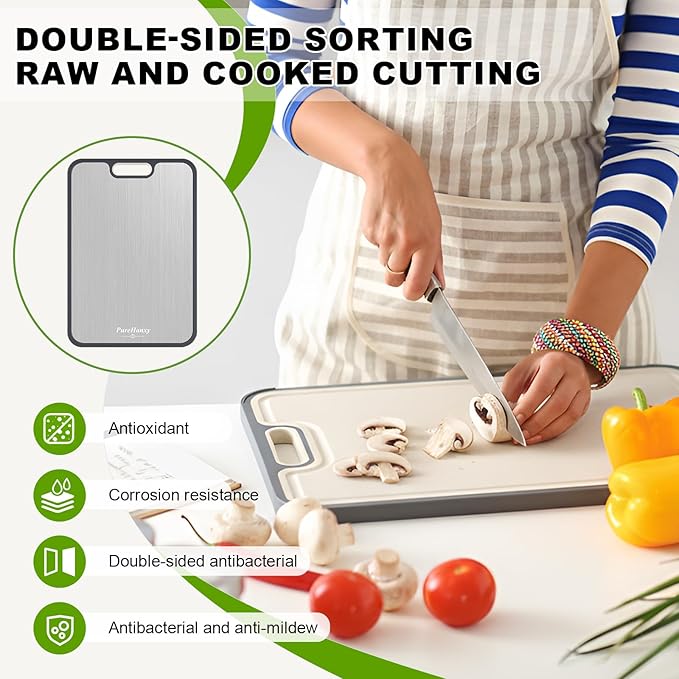 Titanium Cutting Board for Kitchen,2-in-1 Double Sided Food-Grade Pure Titanium&Wheat Straw PP,Non-Toxic，Non-Slip，Ideal for Meat,Fruit，Vegetables & Family Cooking ，Easy to Clean Large Size 15.2”×10.5”