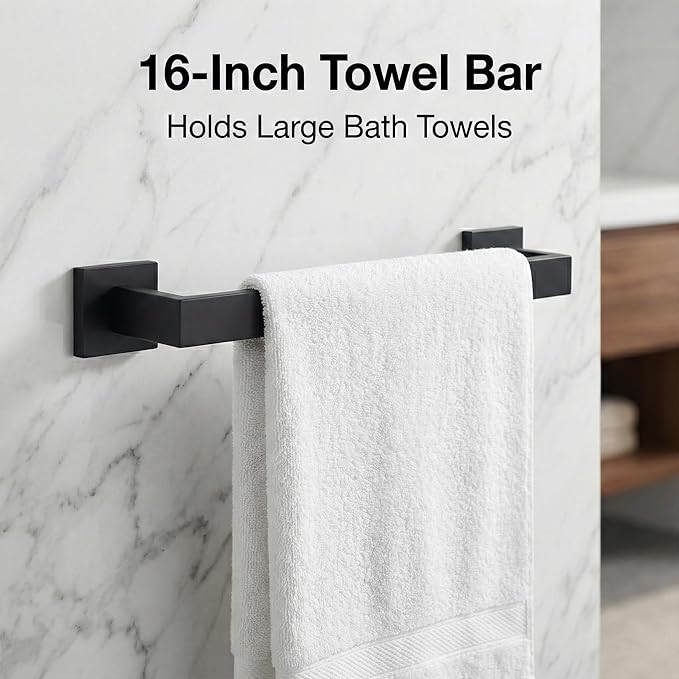 5 Piece Bathroom Hardware Set Matte Black, SUS304 Stainless Steel Towel Bar Set, Modern Square Accessories with 16 Inch Rack Toilet Paper Holder Robe Hooks (Matte Black)