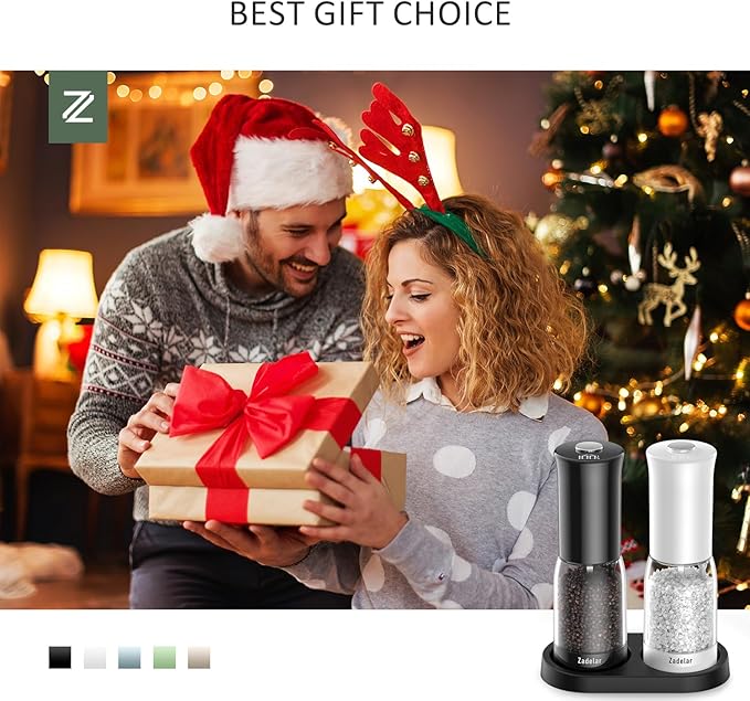 Salt and Pepper Grinder Set with LED Power Display Larger Capacity Salt and Pepper Shakers Set Rechargeable Electric with Flexible Coarsenes LED Light One Hand Operation for Kitchen(White+Black)