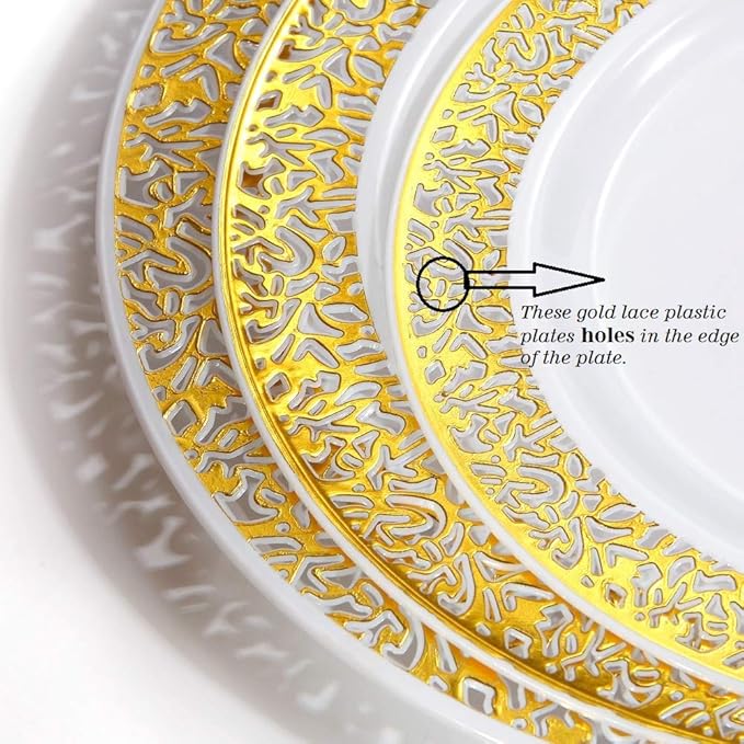 WDF 150PCS Gold Plastic Plates Set Christmas Plastic Plates 25Guests Gold Disposable Dinnerware Sets for Christmas