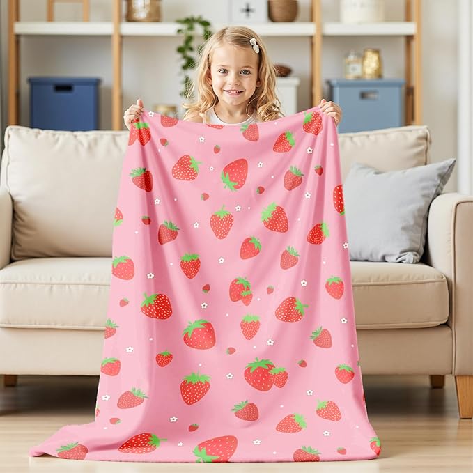 Wajade Kids Pink Strawberry Throw Blanket for Girls Teens Women Soft Fuzzy Flannel Bed Blanket for Kids Adults Plush Christmas Birthday Gifts 60”x80”