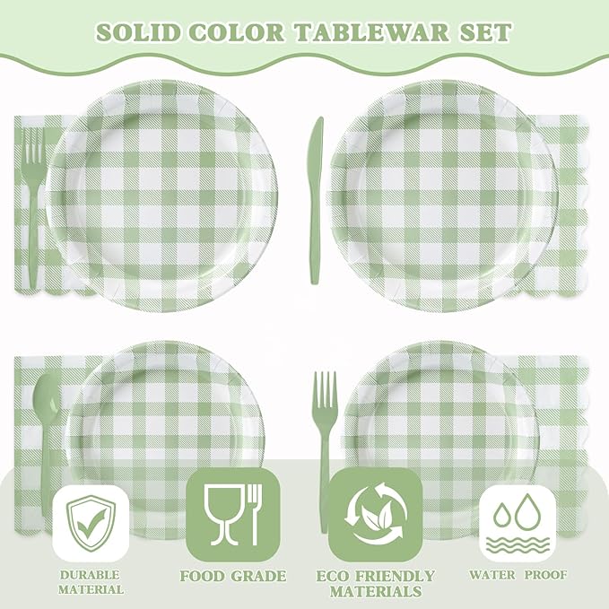 Vyntra 350 PCS Sage Green Gingham Party Supplies, Disposable 7 & 9 In Plates and Napkins, Cups, Knives, Forks, Spoons for Rustic Wedding, Garden Party, Baby Shower (Sage Green, Serves 50)