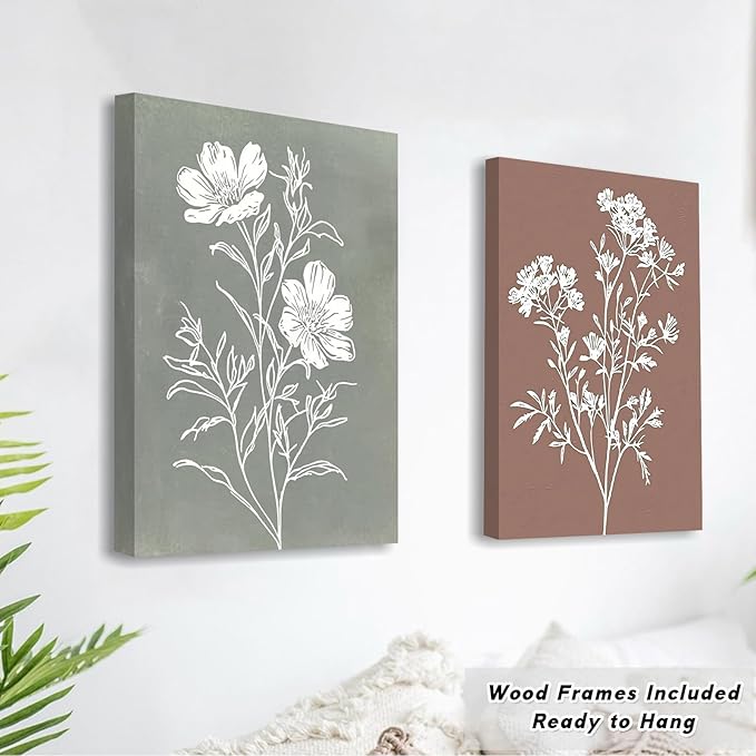 WALTSOM Framed Boho Floral Wall Art, Minimalist Botanical Canvas Prints, Vintage Farmhouse Flower Wall Decor for Bedroom, Bathroom, Kitchen (Framed, 8x10in, Set of 6)
