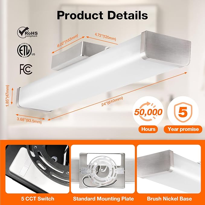 LEDVANCE Sylvania 24" Modern Vanity Lights for Bathroom, 22W, 5 Temperature Select (2700K/3000K/3500K/4000K/6000K), Dimmable, Square Shape, Brush Nickel, with Accessories - 1 Pack (66559)