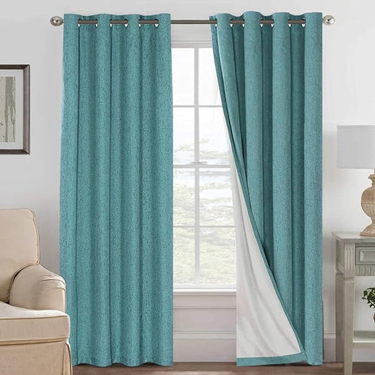 H.VERSAILTEX Linen Blackout Curtains 96 Inches Long 100% Absolutely Blackout Thermal Insulated Textured Linen Look Curtain Draperies Anti-Rust Grommet, Energy Saving with White Liner, 2 Panels, Teal