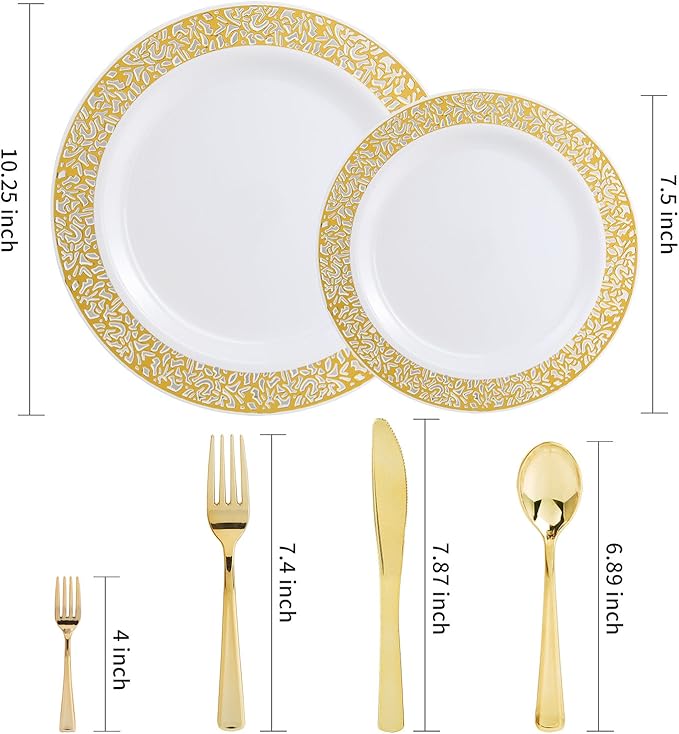 WDF 150PCS Gold Plastic Plates Set Christmas Plastic Plates 25Guests Gold Disposable Dinnerware Sets for Christmas