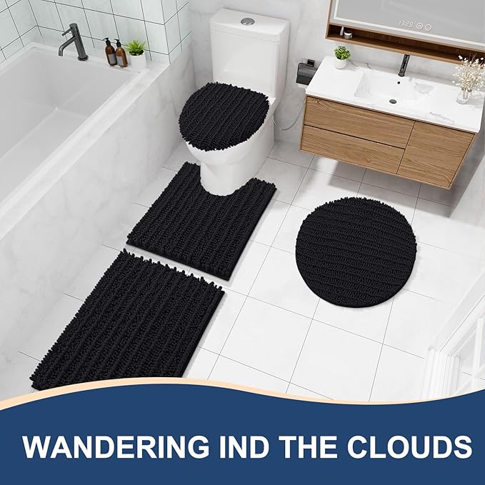 Arotive Luxury Chenille Bathroom Rug Mat, Extra Soft Thick Absorbent Shaggy Bath Rugs, Non-Slip Machine Wash Dry, Plush Bath Mats for Bathroom, Shower and Tub, 45x27, Black