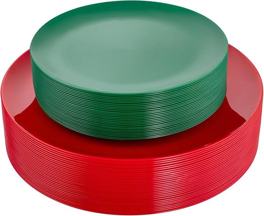 KIRE 60Pcs Plastic Plates, Premium Disposable Christmas Dinner & Dessert Plates, Modern Design, Green & Red, 30 of Each, All Seasons, 7.5inch/10.25inch, 0.1lbs, for Parties & Easter