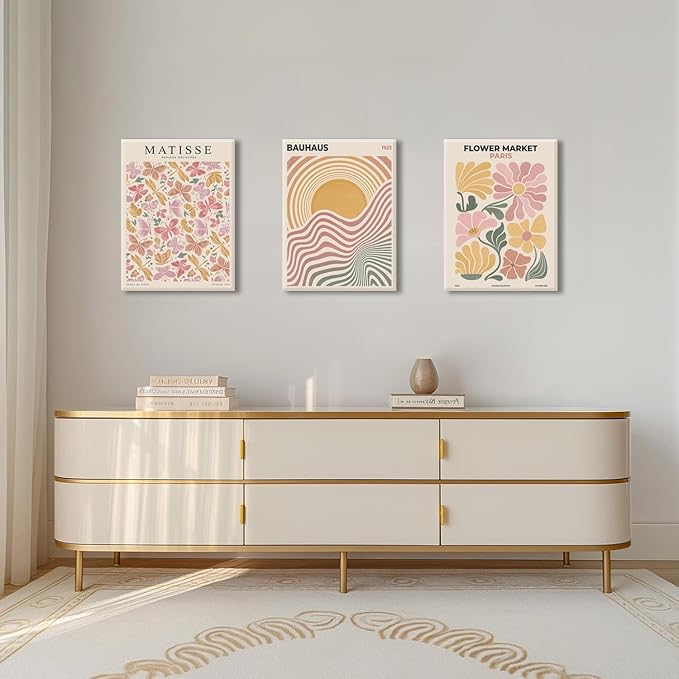 BingruiArt Boho Abstract Wall Art Yellow Canvas Flower Market Posters Set of 3 Bauhaus Pictures Matisse Print Floral Aesthetic Painting Decor for Dorm Living Room Bedroom 12"x16" Framed
