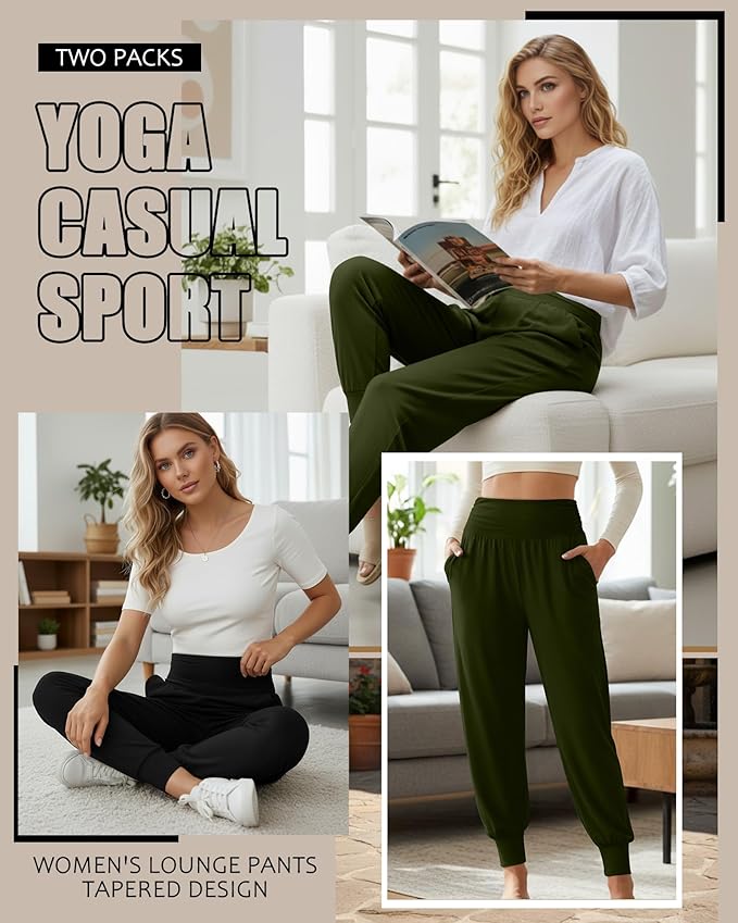 2 Pack Women's Yoga Joggers, Cozy Sweatpants with Pockets Casual Loose Comfy High Waisted Lounge Pants