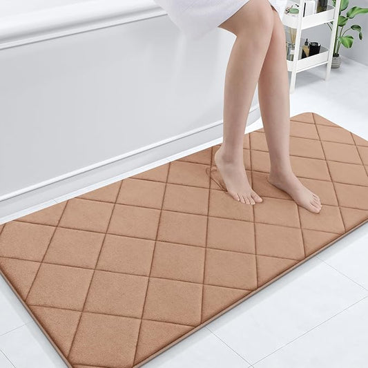 OLANLY Memory Foam Bath Mat 59x24, Ultra Soft and Absorbent Bathroom Rugs, Machine Washable, Comfortable Bath Carpet for Bathroom Floor, Tub and Shower, Dark Beige