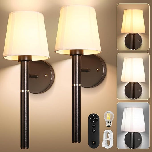 Battery Operated Wall Sconce Set of 2, 5200mAh Wireless Wall Lights with Detachable Charging Stick & Dimmable Bulbs, 3 Colors Rechargeable Wall Lamps for Bedroom Living Room Hallway Decor, Black