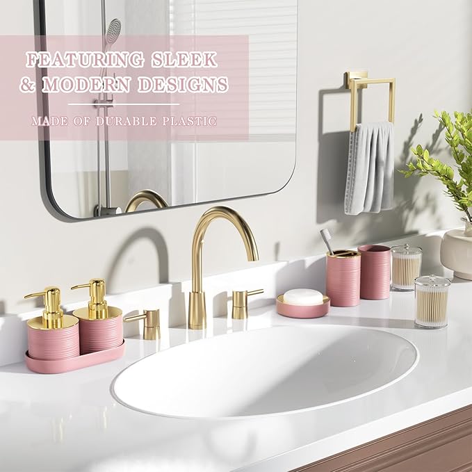 Bathroom Set, 10PC Bathroom Accessory Set, Pink Bathroom Accessories, Pink and Gold Bathroom Set with Trash Can, Soap Dispensers