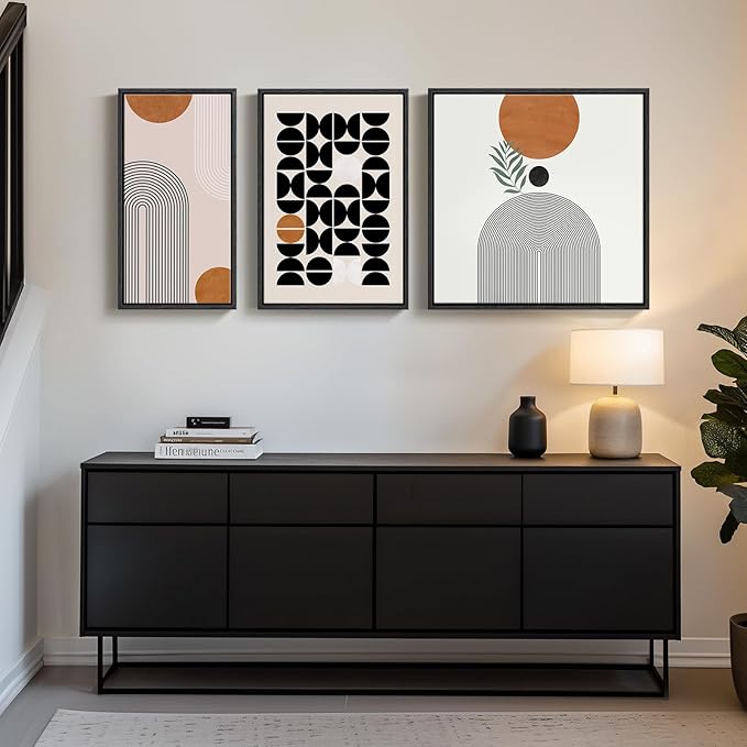 Framed Orange Abstract Wall Art for Living Room, Boho 3 Piece Large Black and White Geometric Canvas Painting Prints, Minimalist Botanical Sun Artworks for Bedroom Hallway Office Wall Decor