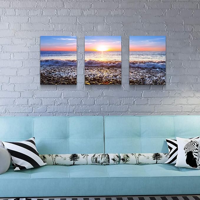 Wall Art For Living Room Blue Ocean Sea Canvas Wall Decor for Home artwork Painting 12" x 16" 3 Pieces Canvas Print For bedroom Decor Modern Salon kitchen office Hang a picture Beach Sun ocean