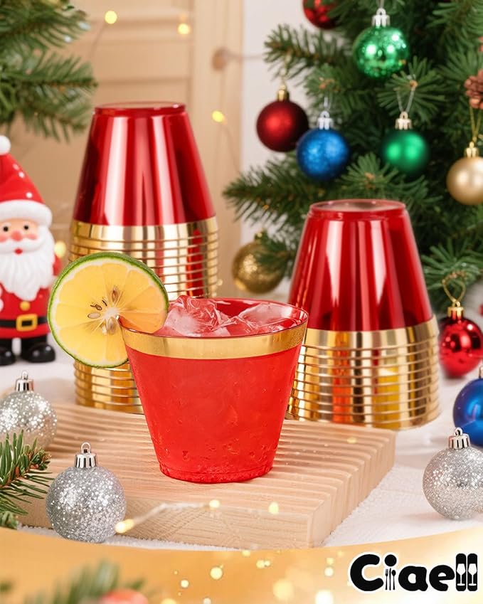 Ciaell 200PCS Red Plastic Cups - 9 Oz Gold Plastic Cups - Heavy Duty Gold Rimmed Disposable Cup - Disposable Wine Glasses with Gold Rim for Party & Wedding & Christmas