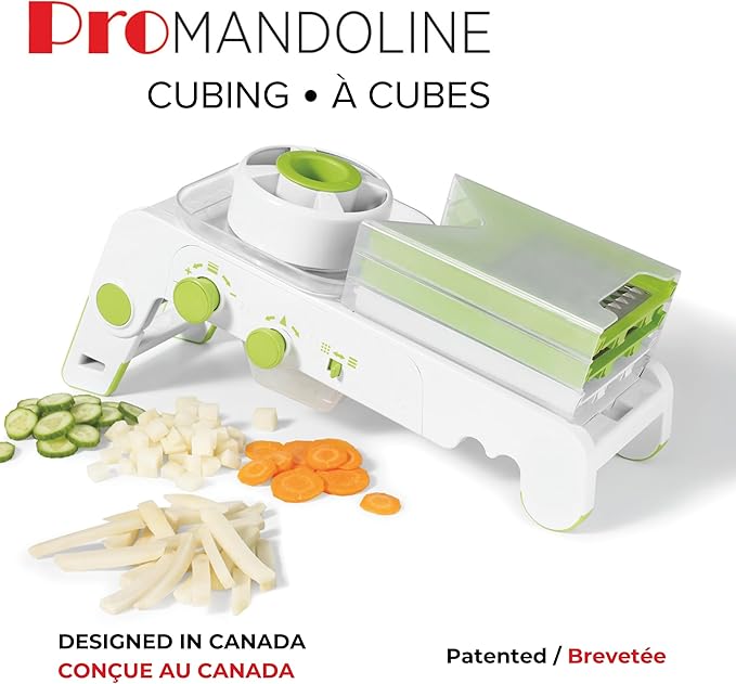 Starfrit Cubing Pro Mandoline Slicer, Dicer - 4 Blades & Graters with Storage Box - Straight & Crinkle V-Blades, Fine & Coarse Graters - 10 Thickness Settings, 3 Julienne Sizes - Self-Feeding Pusher