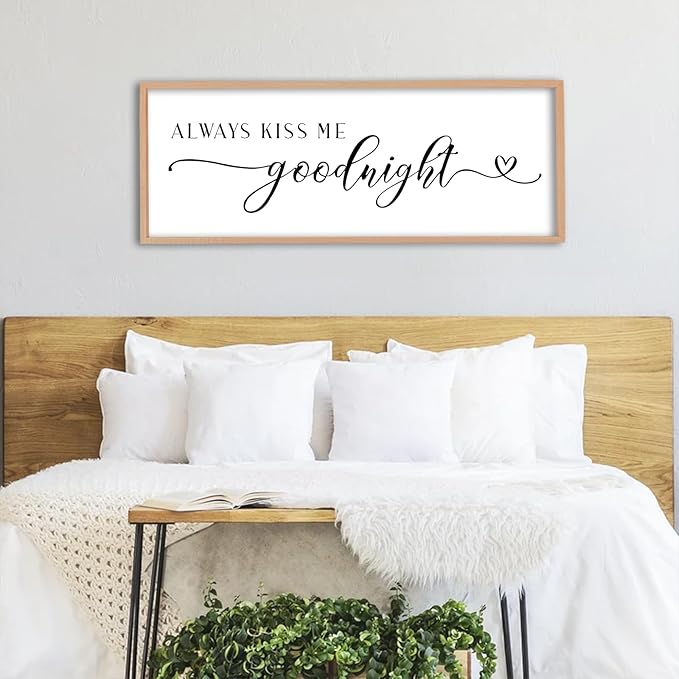Always Kiss Me Goodnight Sign Wall Decor 40"X15" Master Bedroom Above Bed Large Wooden Framed for Couples Over Bed Wall Hanging Art (Wood)