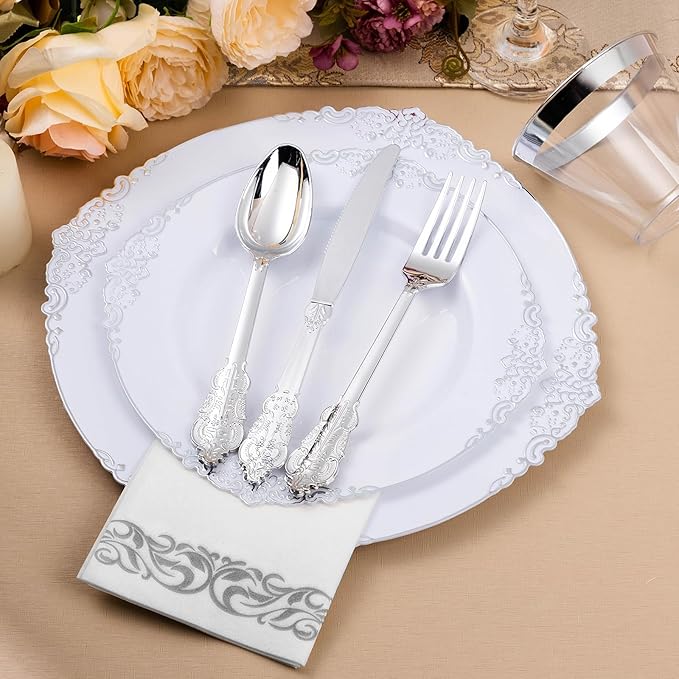 350PCS Silver Plastic Plates for 50 Guests, Disposable Dinnerware Set Includes 100 Disposable Plates, 150 Silver Silverware, 50 Cups, 50 Napkins for Party & Wedding