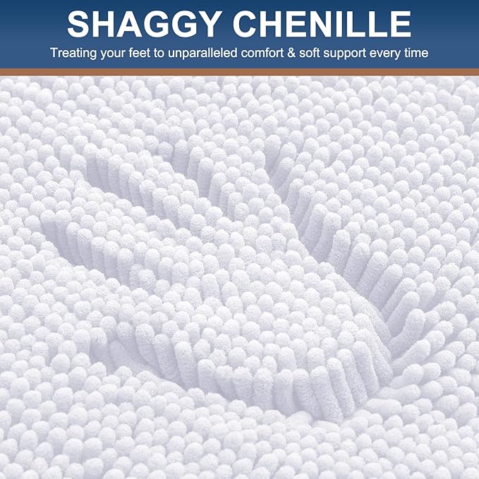 Smiry Luxury Chenille Bathroom Rugs 44x32, Extra Soft and Absorbent Shaggy Bath Mat, Machine Washable, Non-Slip Plush Carpet Runner for Tub, Shower, and Floor, Home Decor Accessories, White