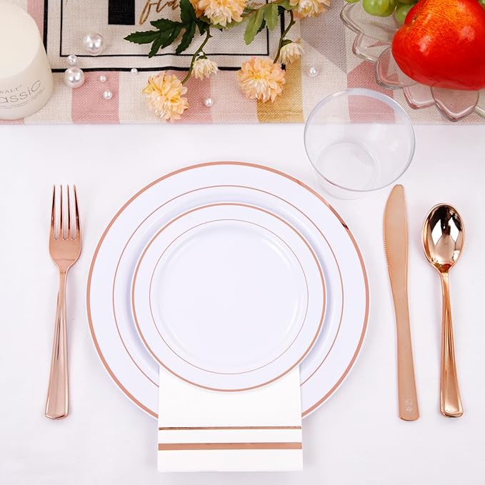 GATHER 350PCS Rose Gold Plastic Plates - Disposable Rose Gold Dinnerware Sets Includes 100 Gold Rimmed Plastic Plates, 150 Silverware, 50 Napkins, 50 Cups for Party, Wedding