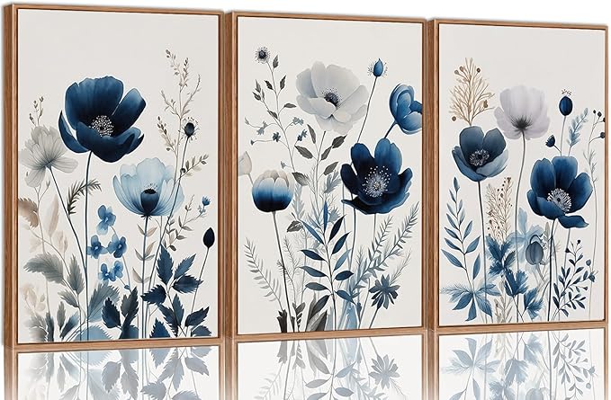 BingruiArt Navy Blue Wall Art Canvas Abstract Floral Painting Blue and Gray Posters Flower Decor Wildflower Pictures Botanical Prints for Living Room Bedroom Bathroom 3 Pcs 12"x16" Natural Framed