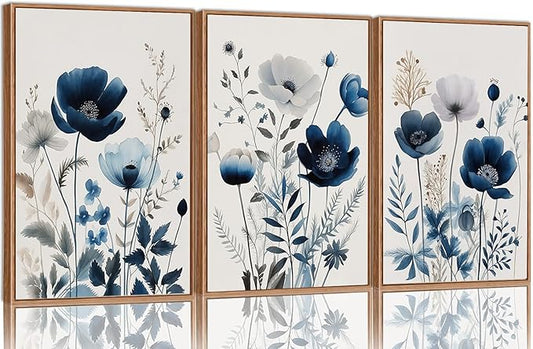 BingruiArt Navy Blue Wall Art Canvas Abstract Floral Painting Blue and Gray Posters Flower Decor Wildflower Pictures Botanical Prints for Living Room Bedroom Bathroom 3 Pcs 12"x16" Natural Framed