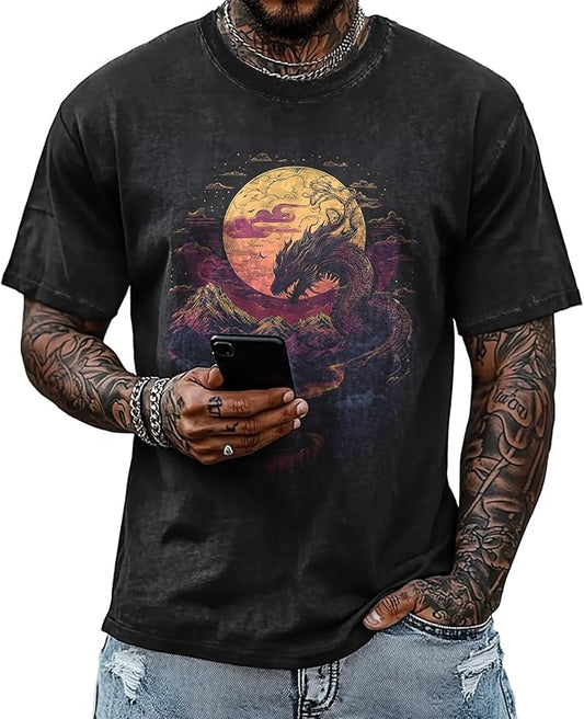 Mens Dragon Grpahic T-Shirts Short Sleeve 100% Cotton Crewneck Big and Tall Outdoor Summer Quick Dry Undershirts