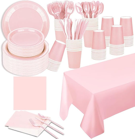 TWOWYHI 229PCS Pink Party Supplies Set Paper Disposable Plates Cups Plastic Spoons Forks Knives Pink Napkins for 30 Guests Disposable Party Dinnerware Sets for Wedding Birthday Parties