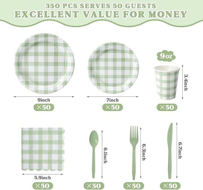 Vyntra 350 PCS Sage Green Gingham Party Supplies, Disposable 7 & 9 In Plates and Napkins, Cups, Knives, Forks, Spoons for Rustic Wedding, Garden Party, Baby Shower (Sage Green, Serves 50)