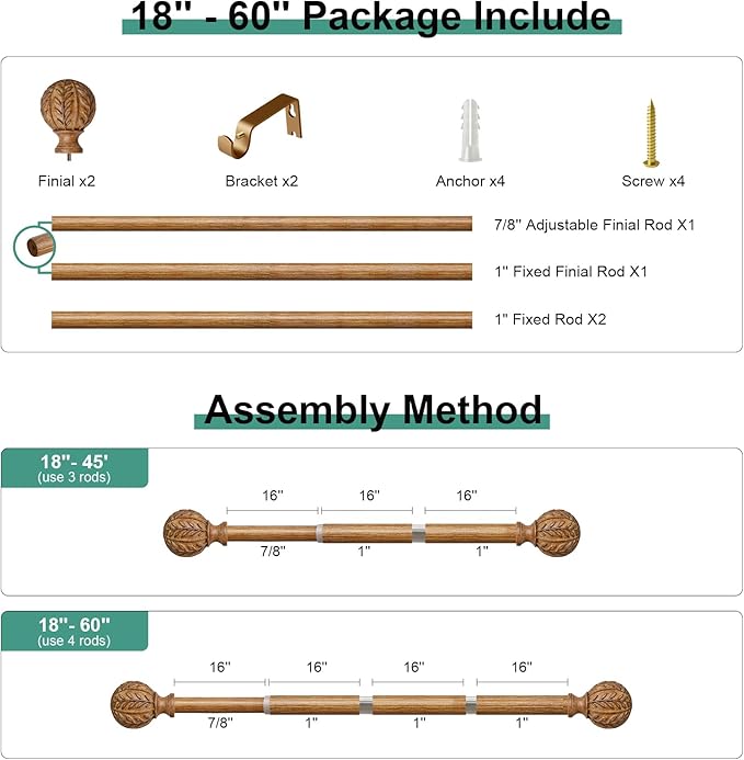 Boho Wood Curtain Rods for Windows 28 to 48 inch,1" Adjustable Heavy Duty Window Curtain Rod with Imitation Wood Grain Finials,Rustic Decorative Drapery Rods Set,Size:18-60'',Natural Wood