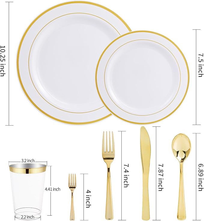 WDF 25Guest Gold Plastic Plates - Heavy Duty Christmas Plastic Plates Dinnerware - Include 25 Dinner Plate 25 Salad Plates 50 Forks 25 Knives 25 Spoons 25 Cups 25 Mini Forks for Christmas/Weddiing