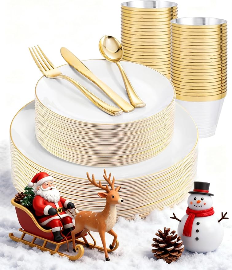 WDF 150Pcs White and Gold Plastic Plates - Gold Plates Disposable - 25guest Disposable Dinnerware Include 25 Dinner Plate, 25 Dessert Plate, 25 Cutlery & 25 9oz Cups for Wedding & Christmas Party