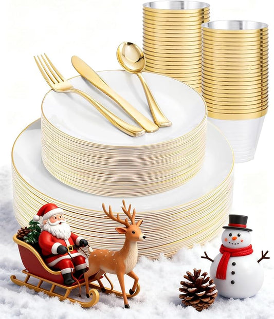 WDF 150Pcs White and Gold Plastic Plates - Gold Plates Disposable - 25guest Disposable Dinnerware Include 25 Dinner Plate, 25 Dessert Plate, 25 Cutlery & 25 9oz Cups for Wedding & Christmas Party