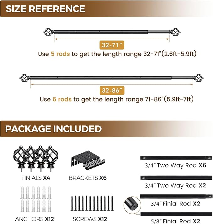 KAMANINA 2 Pack Curtain Rods 32 to 86 Inches (2.6-7.1ft), 3/4 Inch Black Curtain Rods for Windows Splicing Adjustable Single Drapery Rod with Twisted Cage Finial, for Indoor and Outdoor