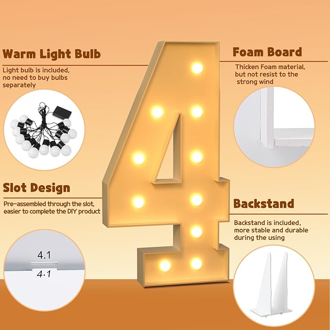 imprsv 4FT Marquee Numbers, Light Up Numbers 4 for 40th Birthday Decorations, Marquee Light up Letters Anniversary Party Decor, Pre-Cut Foam Board Kit