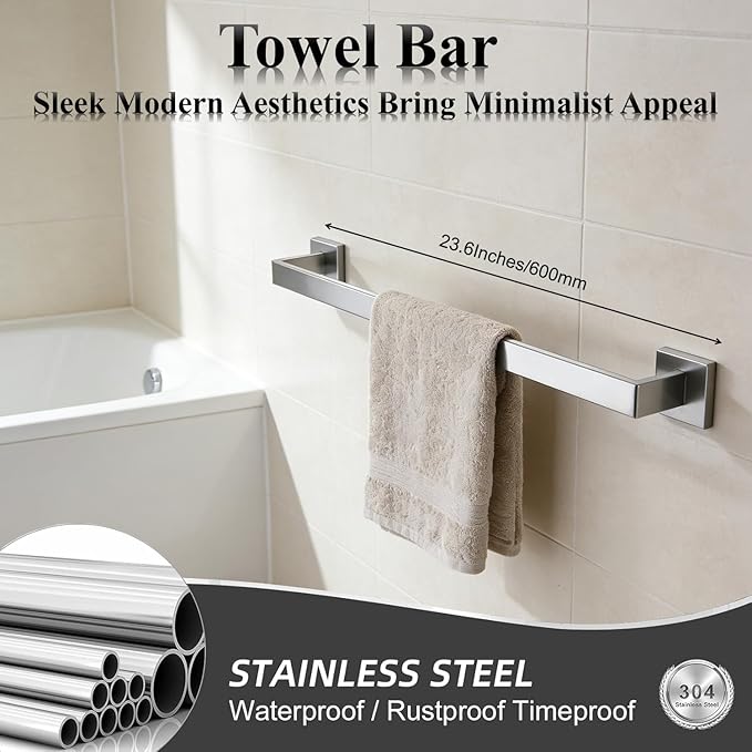 Bathroom Hardware Set 5 Piece Brushed Nickel Bathroom Accessories Set SUS304 Towel Bar Set Includes Towel Bar 24 Inch+Towel Holder+Toilet Paper Holder+Towel Hook (5, Brush Nickel)