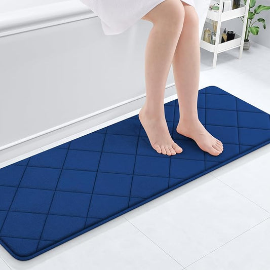 OLANLY Memory Foam Bath Mat 47x17, Ultra Soft and Absorbent Bathroom Rugs, Machine Washable, Comfortable Bath Carpet for Bathroom Floor, Tub and Shower, Navy