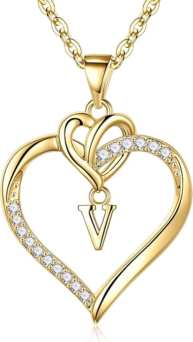 STORUP Christmas Gifts for Women Teen Girls - Heart Initial Necklaces for Women Girls, 14K-Gold-Plated Cubic Zirconia Initial A-Z Pendant Dainty Heart Necklaces for Teen Girl Jewelry Birthday Gifts