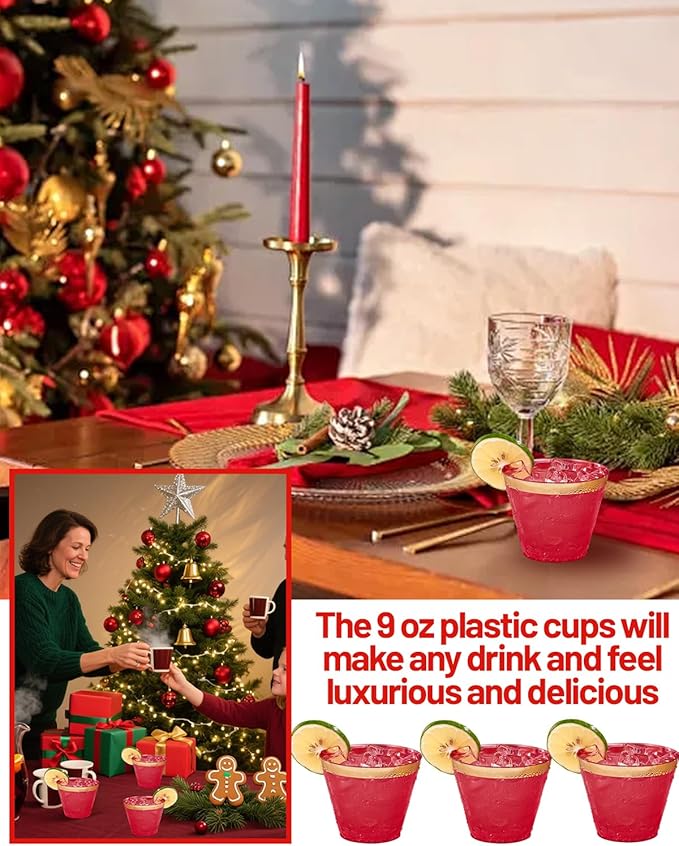 Ciaell 200PCS Red Plastic Cups - 9 Oz Gold Plastic Cups - Heavy Duty Gold Rimmed Disposable Cup - Disposable Wine Glasses with Gold Rim for Party & Wedding & Christmas