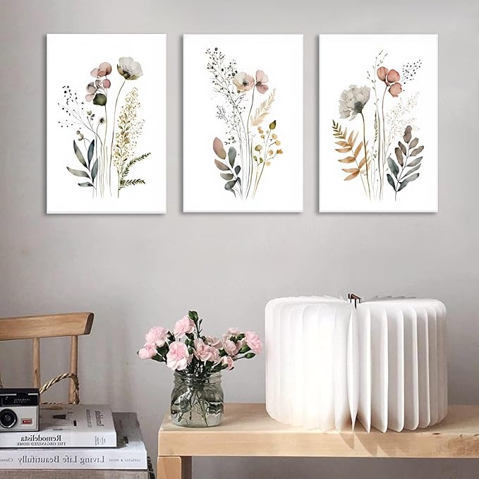 3Pcs Framed 12x16in Boho Flower Wall Art Wildflower Watercolor Canvas Minimalist Colorful Botanical Floral Painting Picture Wall Decor Posters Modern Print Artwork for Living Room Bedroom