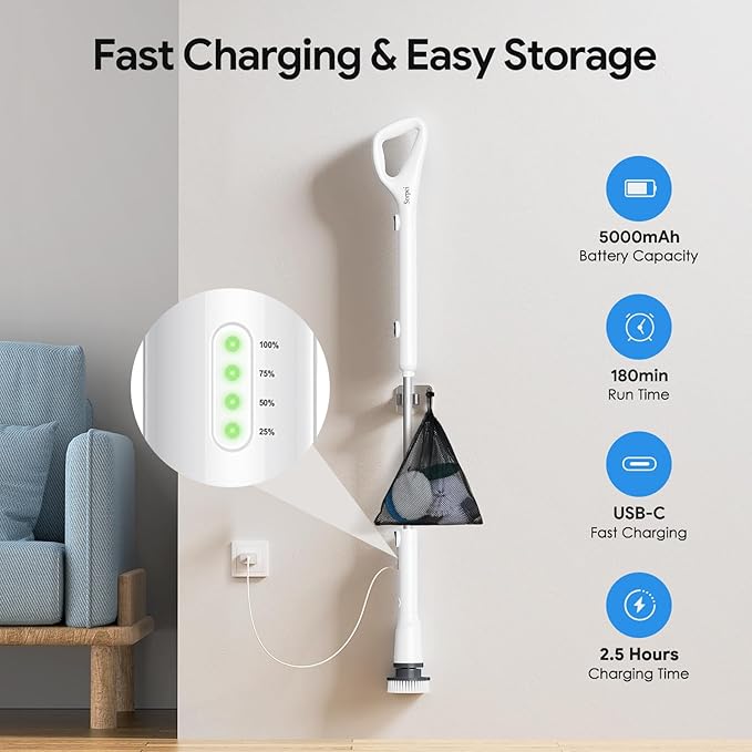 Electric Spin Scrubber, 2025 New Cordless Cleaning Brush, Shower Cleaning Brush with 7 Replaceable Brush Heads, Power Scrubber 3 Adjustable Speeds, Detachable Long Handle & IPX7 Waterproof